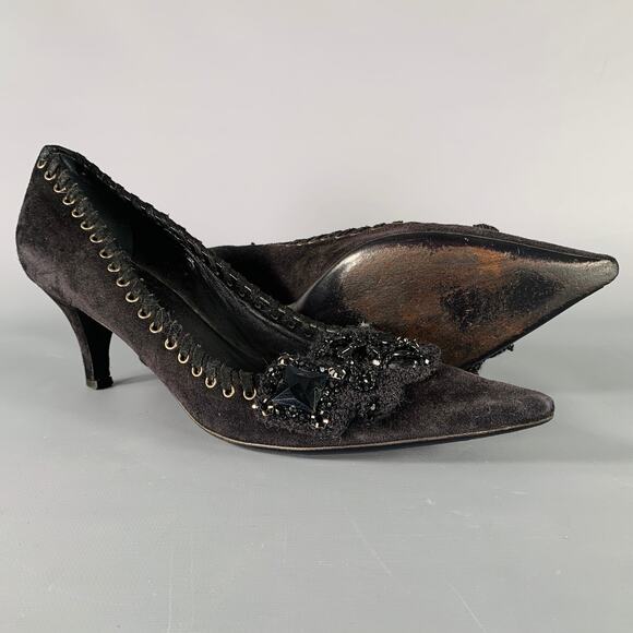 PRADA Size 7.5 Black Suede Beaded Embellishment Heels Pumps - Picture 5 of 9